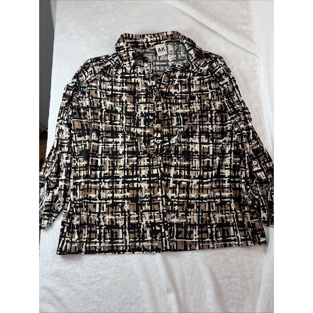 AK Anne Klein Printed Top PXL Ruched 3/4 Sleeves Office/Casual Chic Classic Boho